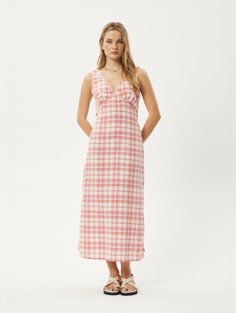 NWT Afends Kayla Pink Plaid V-Neck Maxi Dress | Xsmall